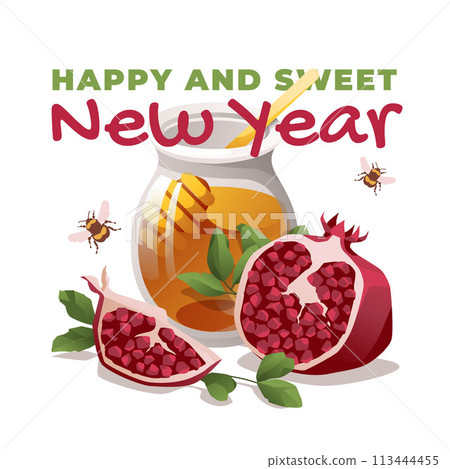Rosh Hashanah greeting card. Pomegranate fruit with leaves and honey on a white background. Rosh Hashanah greeting card. Pomegranate fruit with leaves and honey on a white background. 113444455