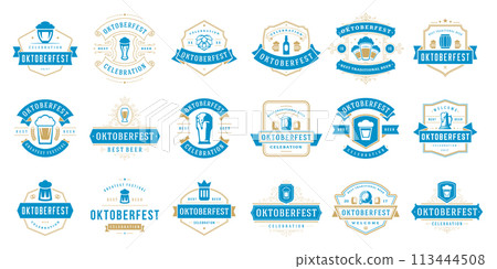 Oktoberfest badges and labels set vintage typographic design templates vector illustration. 113444508