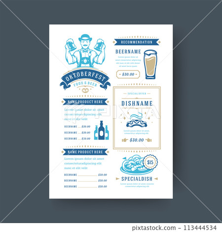 Oktoberfest menu vintage typography template beer festival celebration design vector illustration. Oktoberfest menu vintage typography template beer festival celebration design vector illustration. 113444534