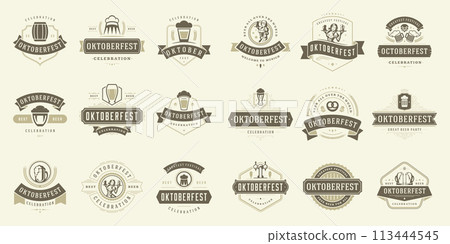 Oktoberfest badges and labels set vintage typographic design templates vector illustration. 113444545
