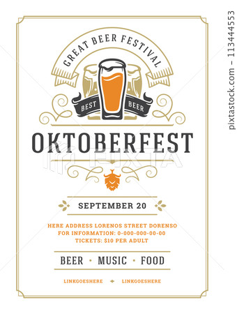 Oktoberfest flyer or poster retro typography vector template design willkommen zum invitation beer festival celebration. 113444553
