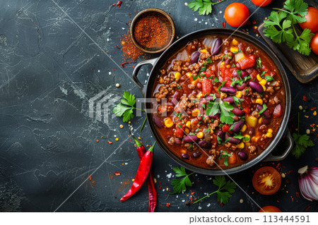 Mexican food - Chili con carne on wood background, menu shot 113444591