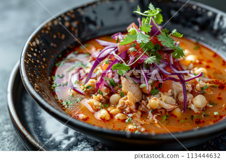 Mexican food, pozole, wood background, menu shot 113444632