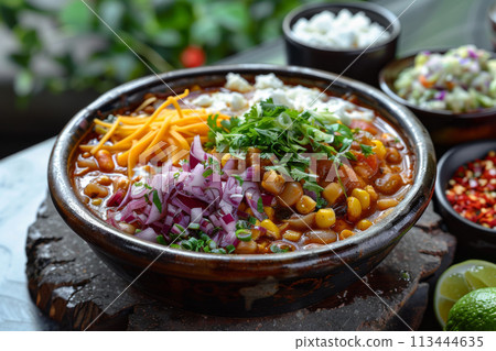 Mexican food, pozole, wood background, menu shot 113444635