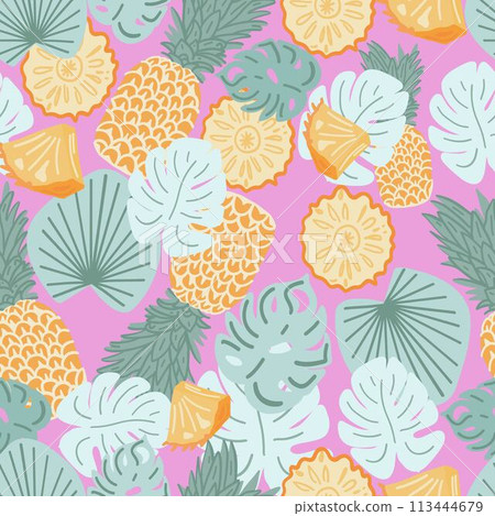 Tropical flat design seamless pattern with pineapples 113444679