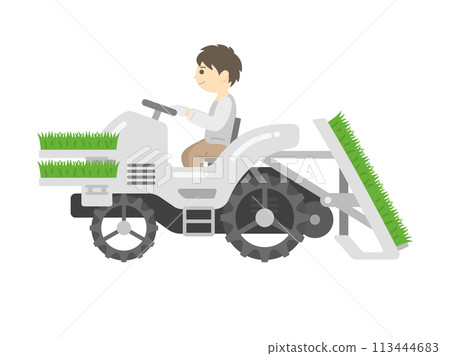 Illustration of a man operating a rice transplanter loaded with seedlings Illustration of a man operating a rice transplanter loaded with seedlings 113444683