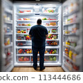 corpulent overweight man choose what to eat for hid diet in fridge  113444686