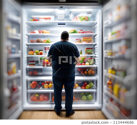 corpulent overweight man choose what to eat for hid diet in fridge corpulent overweight man choose what to eat for hid diet in fridge 113444686