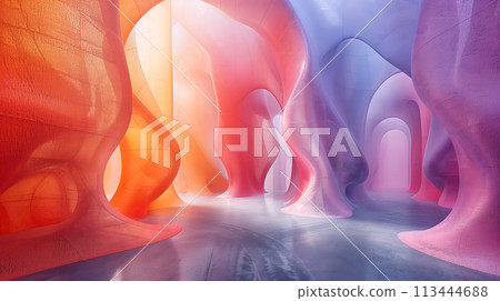 Colorful abstract interior with curving shapes and soft light Colorful abstract interior with curving shapes and soft light 113444688