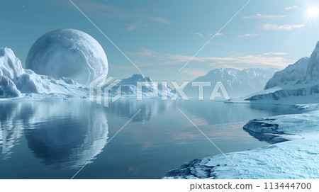 Frozen alien world with reflective water and a giant moon 113444700