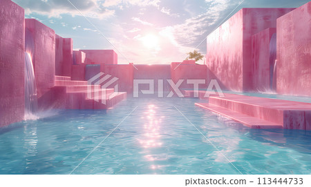 Surreal pink architecture with waterfalls and reflective pool 113444733