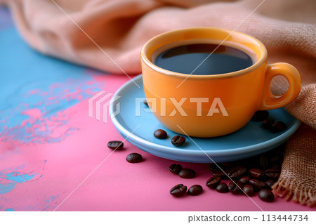 橘色杯子裡的咖啡和咖啡豆 113444734