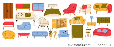 Collection of trendy furniture in scandinavian style. Sofa, table, wardrobe, armchair, chest of drawers. Cozy home interior. Collection of trendy furniture in scandinavian style. Sofa, table, wardrobe, armchair, chest of drawers. Cozy home interior. 113444804