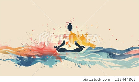 Silhouette of woman practicing yoga on water splash 113444865