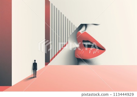 Man looking at red lips on the wall. 113444929