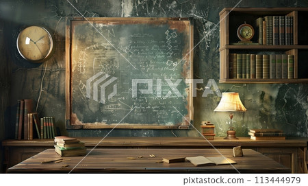 An old classroom with a blackboard, books, and a desk. An old classroom with a blackboard, books, and a desk. 113444979