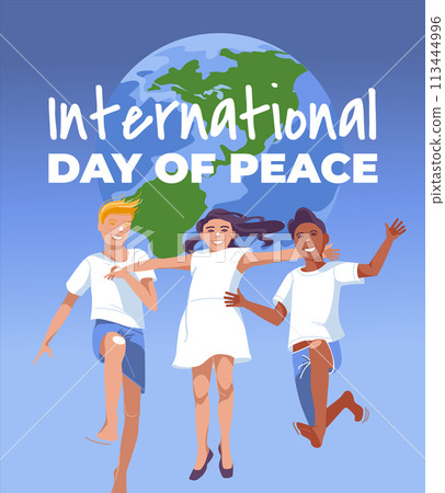 Poster for Peace Day: three children in white clothes jumping on the background of a large globe. Vector flat illustration 113444996