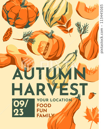 poster with harvest of autumn pumpkin. Halloween, thanksgiving, farm festival poster, text card. Vector flat illustration 113445085