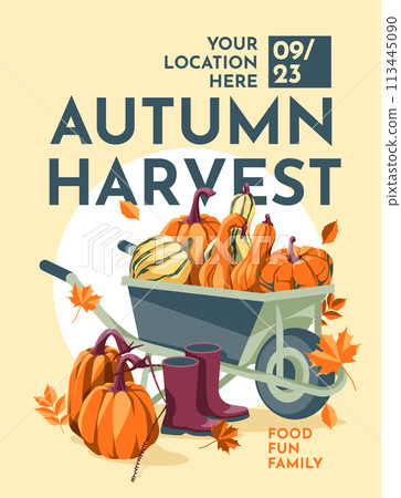 pumpkins in autumn harvest wheelbarrows. Agriculture, farm festival, thanksgiving poster, postcard with text. Vector flat illustration 113445090
