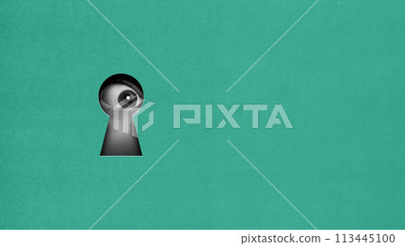 Wide open female eye looking into keyhole on green background. Contemporary art collage. Shock and fascination with unknown 113445100
