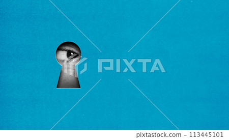 Male eye looking into keyhole on blue background symbolizing desire for opportunity. Contemporary art collage. 113445101