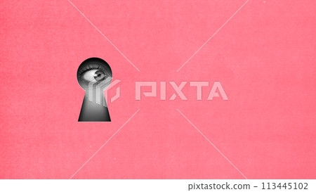 Female eye looking into keyhole on pink background. Contemporary art collage. Finding secrets and hidden truths. 113445102