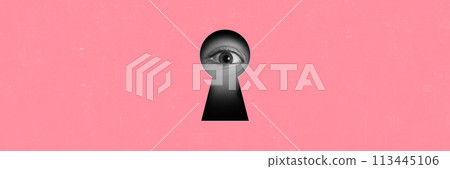 Child, girl looking into keyhole on pink background. Contemporary art collage. Curiosity and exploration 113445106
