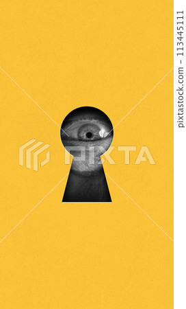 Wide open male eye looking into keyhole on yellow background. Contemporary art collage. Fending unexpected truth Wide open male eye looking into keyhole on yellow background. Contemporary art collage. Fending unexpected truth 113445111