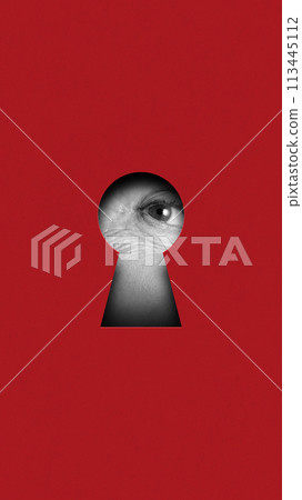 Exploring the mysteries of existence. Senior woman eye looking into keyhole on red background. Contemporary art collage. 113445112
