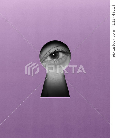Calm female eye looking into keyhole on purple background. Contemporary art collage. Seeking clarity and understanding Calm female eye looking into keyhole on purple background. Contemporary art collage. Seeking clarity and understanding 113445113