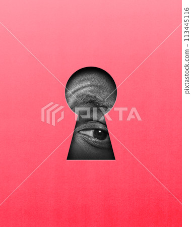Male eye looking into keyhole on pink background. Boundary between known and unknown. Contemporary art collage. 113445116