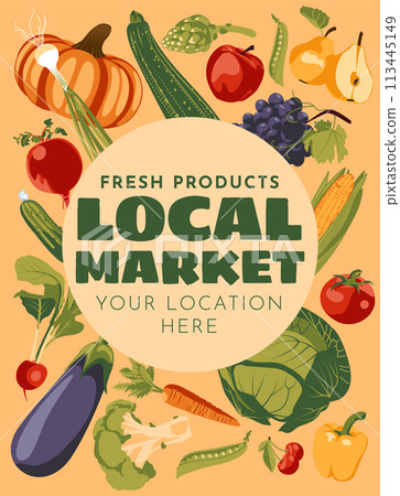 set of fresh vegetables harvest. Farm and agricultural market or festival poster, flyer. Vector flat illustration 113445149
