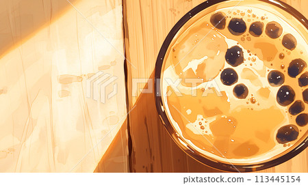 Watercolor illustration of close-up of tapioca milk tea served on a wooden table Watercolor illustration of close-up of tapioca milk tea served on a wooden table 113445154