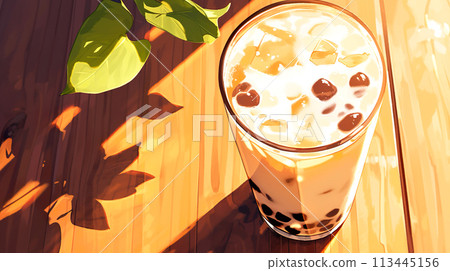 Watercolor illustration of close-up of tapioca milk tea served on a wooden table 113445156
