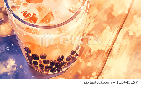 Watercolor illustration of close-up of tapioca milk tea served on a wooden table Watercolor illustration of close-up of tapioca milk tea served on a wooden table 113445157