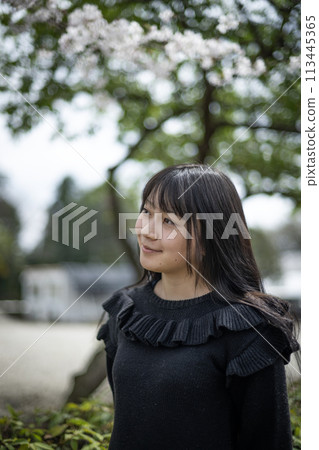 櫻花樹下的少女，女大學生，18歲，人，春天的場景 113445365
