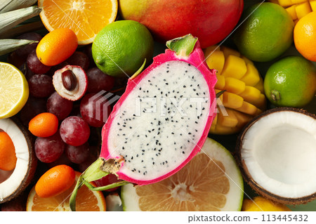 Set of fresh ripe tropical fruit, close up 113445432
