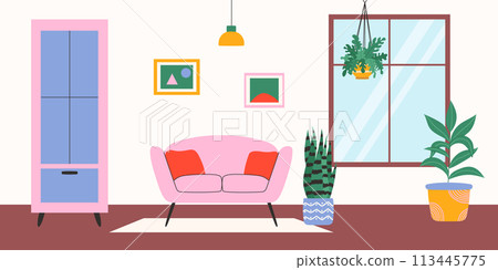 Living room with furniture and green plants. Vector illustration. Living room with furniture and green plants. Vector illustration. 113445775
