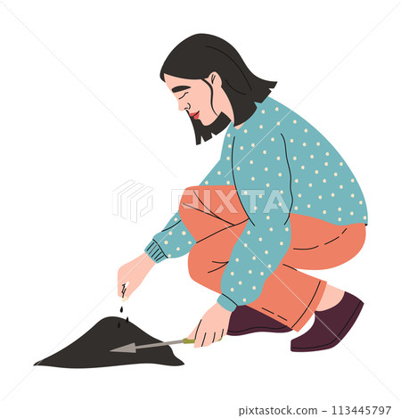 Happy woman plants seeds in the ground. Urban gardening. Vector illustration. Happy woman plants seeds in the ground. Urban gardening. Vector illustration. 113445797