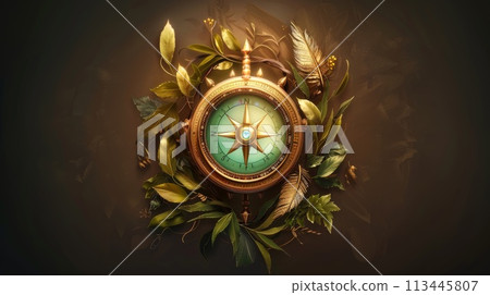 Compass with golden leaves on dark background. 3d illustration. 113445807
