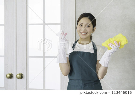 Housekeeping: Young female staff member standing with towels and detergent 113446016