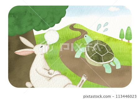 伊索寓言兔子與烏龜水彩插圖 113446023
