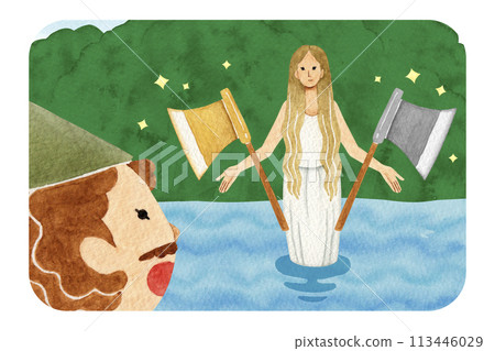 Aesop's Fables: The Gold Ax and the Silver Ax, watercolor illustration Aesop's Fables: The Gold Ax and the Silver Ax, watercolor illustration 113446029