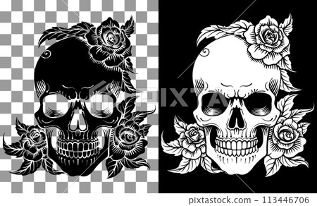 Skull Roses Engraved Woodcut Etching Tattoo Design 113446706