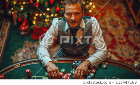 A person is playingin casino, with their hands holding chips on the table in front of them. The background is blurred 113447169