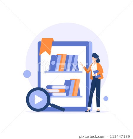 E-library abstract concept,Digital learning, online database, content store, web search, ebook reader 113447189