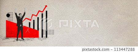 Banner. Contemporary art collage. Overjoyed, delightful man raised hands against light background with abstract objects, charts. 113447288