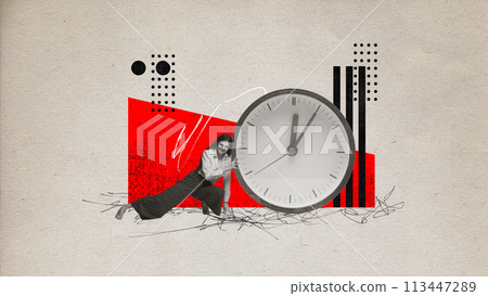 Contemporary art collage. Motivated young woman tries move huge clock off ground against light background, symbolizing start of new project. Contemporary art collage. Motivated young woman tries move huge clock off ground against light background, symbolizing start of new project. 113447289