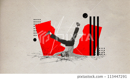 Contemporary art collage. Young man in depression, burnout lying on floor against light background with destroyed abstract objects. Contemporary art collage. Young man in depression, burnout lying on floor against light background with destroyed abstract objects. 113447291