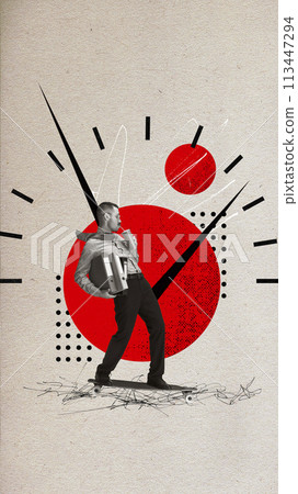 Contemporary art collage. Young man holds folders against light background with abstract object, clock. Burning deadlines. 113447294